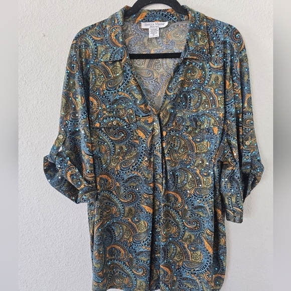 Rebecca Malone Blouse Women 2X Plus Geo Print Button Up Glitter Feminine - Picture 8 of 13
